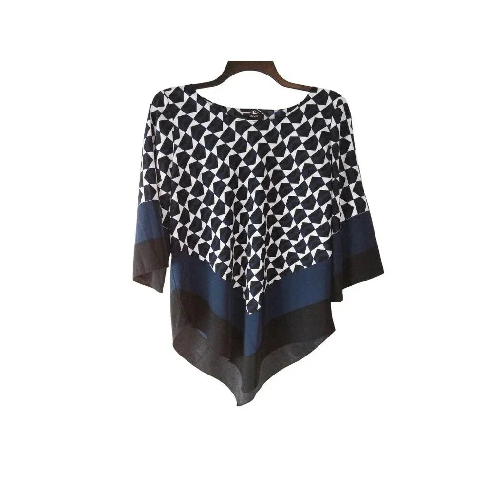 Alfani Womens Top Black Blue Geometric Pullover Asymmetrical Blouse Size 14‎
